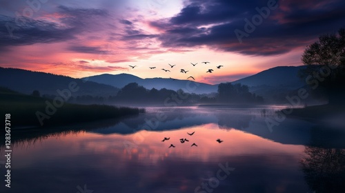 Misty Sunrise Over a Calm Lake with Birds