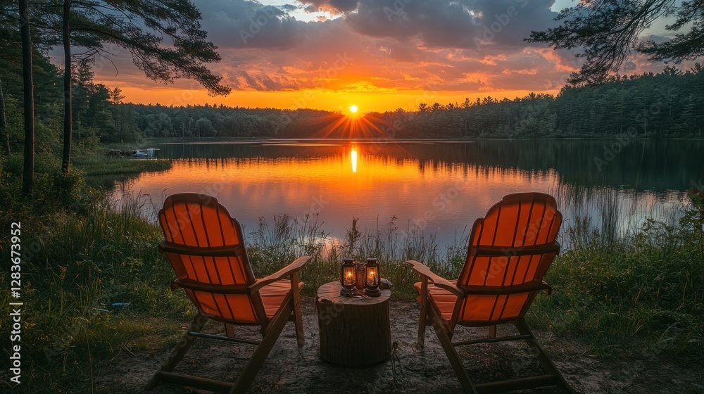 Fototapeta premium Lake Serenity, A Tranquil Sunset Retreat with Cozy Adirondack Chairs