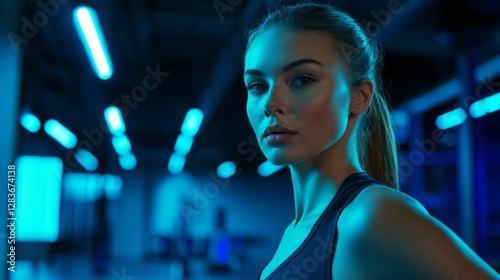 A strong and confident woman stands in a contemporary gym, exuding determination as vibrant blue lights illuminate her features. She embodies athleticism and focus amidst the workout setting photo