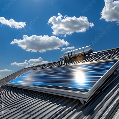 Professional Solar Water Heater Installation on Rooftop with Clear Blue Sky Background