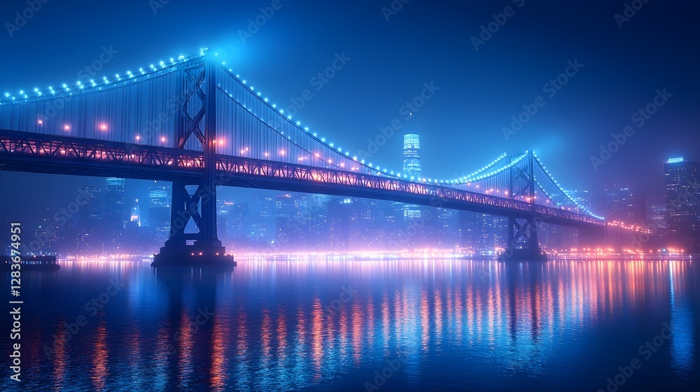 Fototapeta premium Illuminated Iconic Bridge at Night with City Lights Reflecting on Water – Generative AI