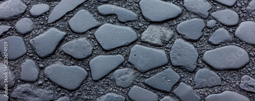 The surface features a unique arrangement of irregularly shaped asphalt stones offering a dark and rugged texture perfect for backgrounds. Ideal for creative projects needing a gritty aesthetic photo