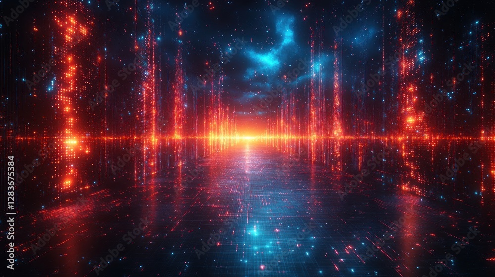 Obraz premium Futuristic data stream visualization with binary code and digital network