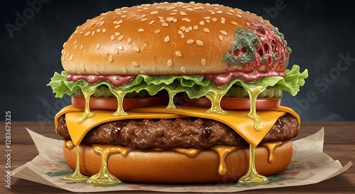 Unappetizing hamburger showcases visible mold deterioration and questionable toppings