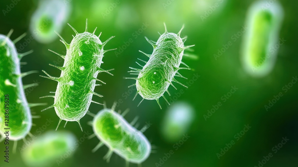 Fototapeta premium Colorful bacteria depicted in a lively green texture illustrates the microscopic world. Suitable for backgrounds or scientific presentations it provides ample space for added text or graphics