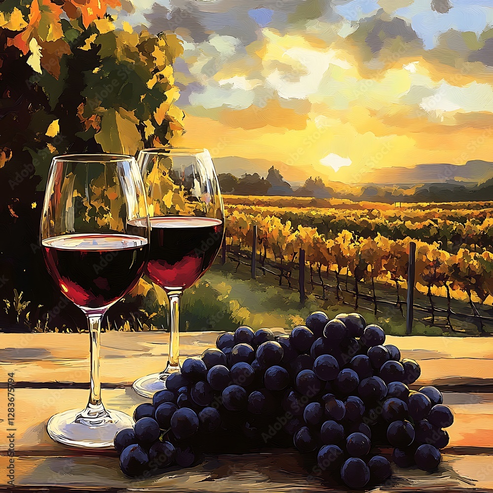 Naklejka premium Elegant Sunset Wine Tasting Experience in Vineyard Setting