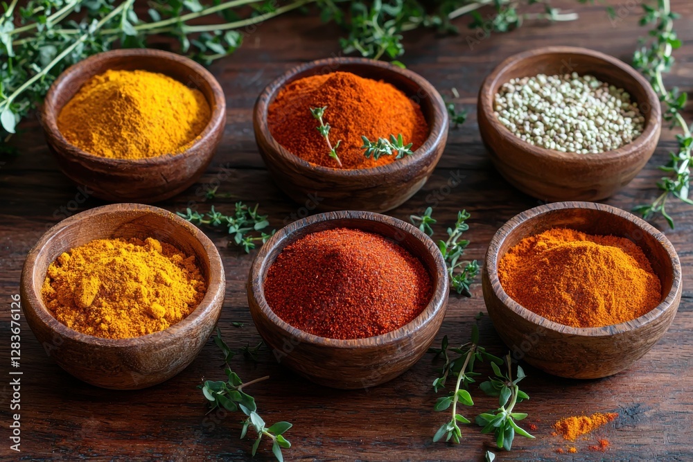 A vibrant assortment of spices presented in rustic wooden bowls on a wooden table, perfect for culinary enthusiasts and food photography projects, showcasing the natural colors. A vibrant assortment of spices presented in rustic wooden bowls on a wooden table, perfect for culinary enthusiasts and food photography projects, showcasing the natural colors.