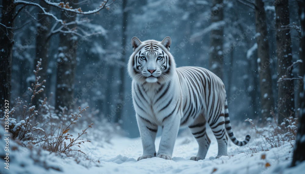Obraz premium Majestic White Tiger Standing in a Serene Snow-Covered Forest