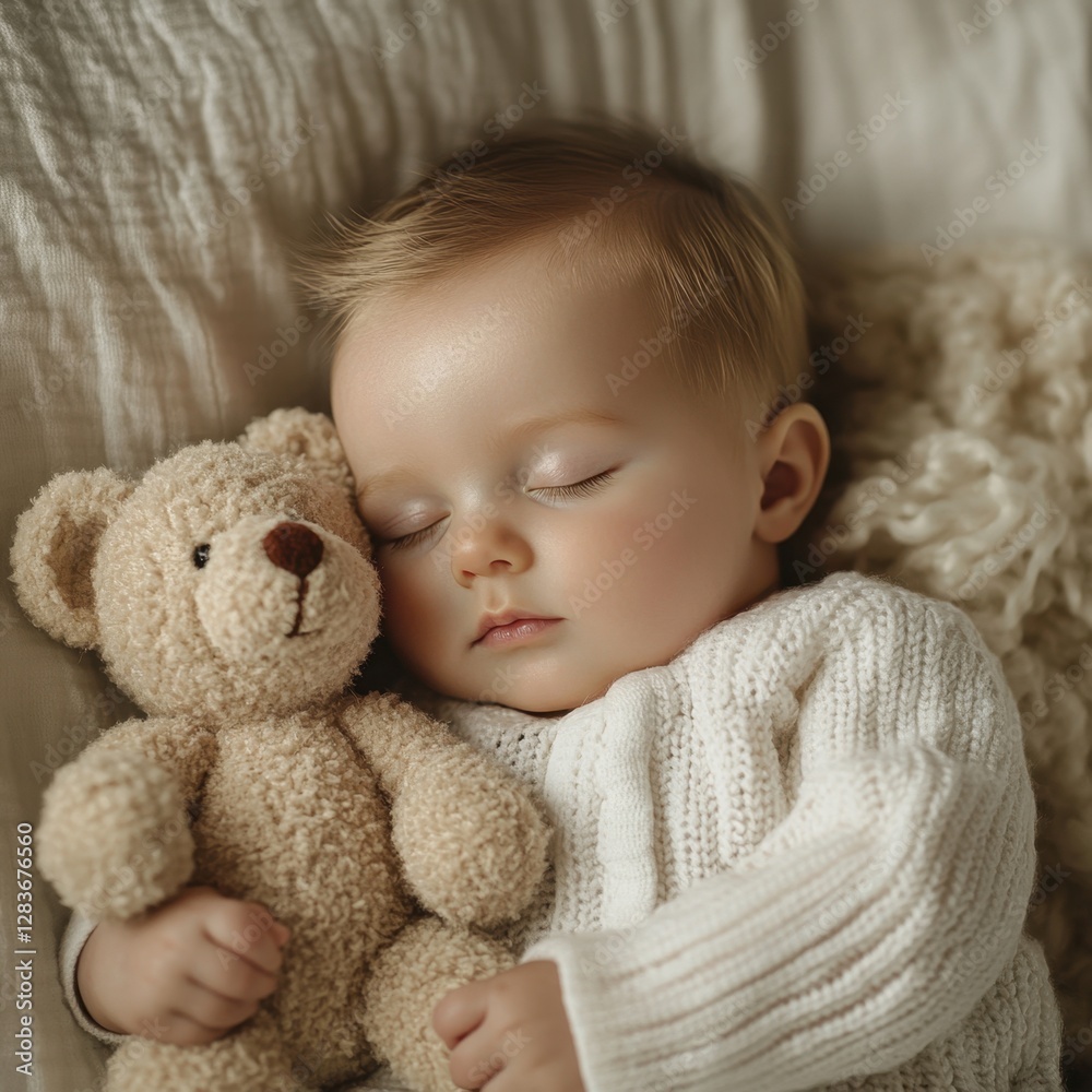 A peaceful baby sleeps soundly, cuddling a soft teddy bear, wrapped in a cozy knit sweater, creating a heartwarming scene of innocence and comfort. A peaceful baby sleeps soundly, cuddling a soft teddy bear, wrapped in a cozy knit sweater, creating a heartwarming scene of innocence and comfort.