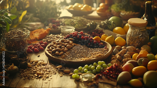 Vibrant superfoods, fresh fruits, berries, nuts, and seeds on a rustic table, celebrating natural health and vitality.