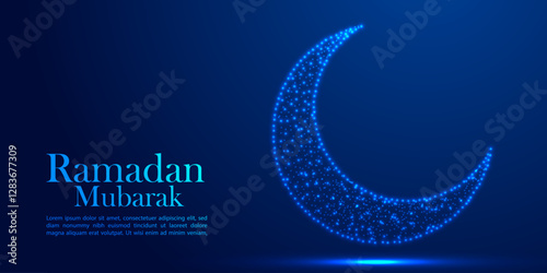 Low Poly Ramadan Mubarak Crescent Moon Illustration with Blue Glowing Geometric 3D Artwork Holy Time