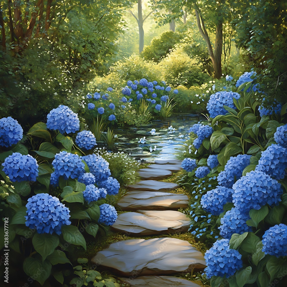 Tranquil Garden Path with Blue Hydrangeas and Pond Tranquil Garden Path with Blue Hydrangeas and Pond