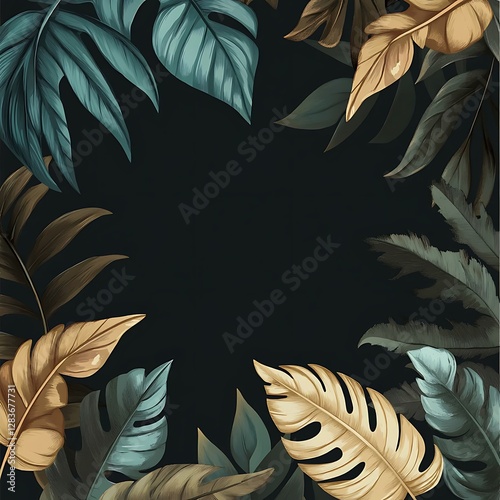 Elegant Tropical Leaf Border Composition in Grey or Dark Background