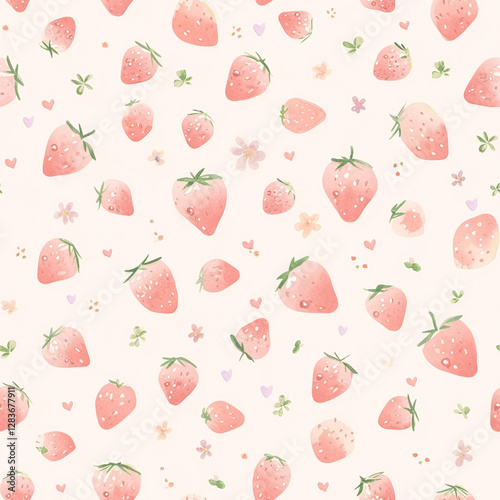 Strawberry watercolor seamless pattern. Cute pink background. Sweet berry, floral design for textile, print, card, wallpaper
