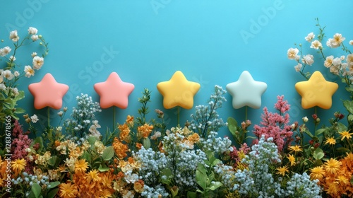 Floral arrangement with star-shaped accents on a vibrant blue background offering a whimsical and celebratory vibe