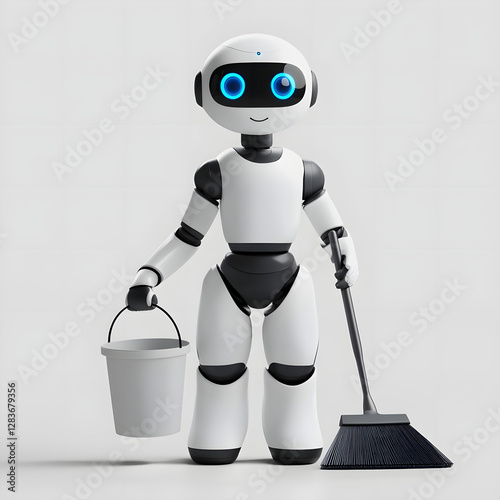 AI-Powered White Robot with Blue Eyes, Holding Cleaning Tools on a Light Background, 3D Digital Illustration for Cleaning Service Technology