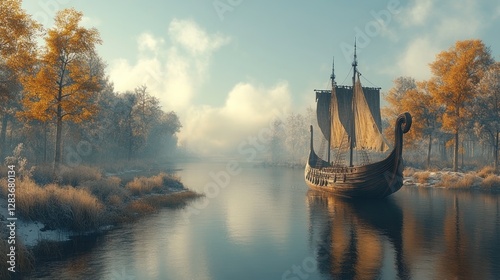 Wallpaper Mural Mystic Viking Ship Journey Through a serene winter Landscape, Reflecting Ancient Tales Torontodigital.ca