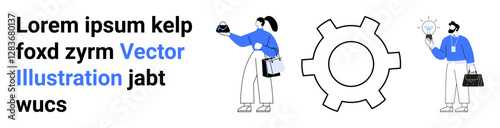 People holding tools, gear icon symbolizing process, lamp for creativity, teamwork, innovation. Ideal for business strategies, technology, innovation, teamwork project planning career concepts