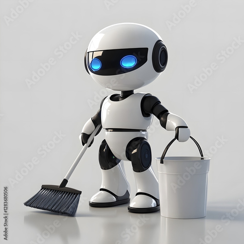 AI-Powered White Robot with Blue Eyes, Holding Cleaning Tools on a Light Background, 3D Digital Illustration for Cleaning Service Technology