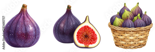 Fresh fig fruit illustrations with whole and sliced figs for design projects, watercolour style clipart collection