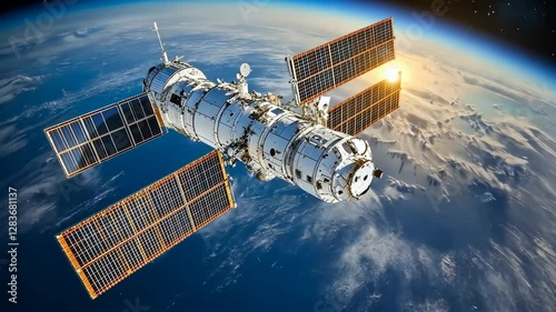 Orbiting laboratory conducting experiments above Earth during twilight