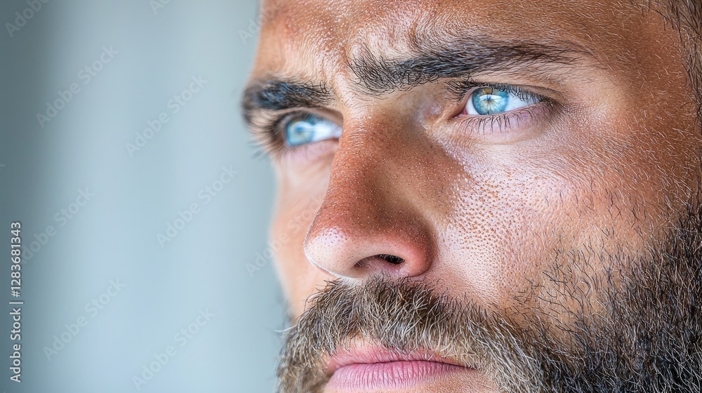 Obraz premium Man's pensive gaze, close-up portrait, thoughtful expression, indoor setting, for advertising