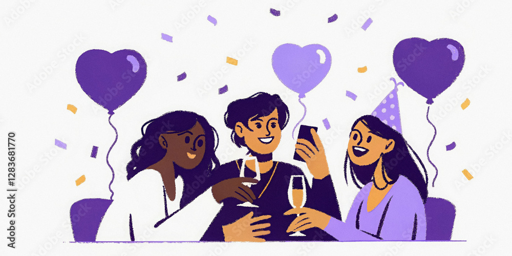 Fototapeta premium Diverse young adults celebrating with drinks and taking a selfie at a party