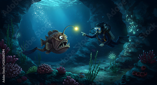 Wallpaper Mural A scuba diver meets curious anglerfish in the deep ocean Torontodigital.ca