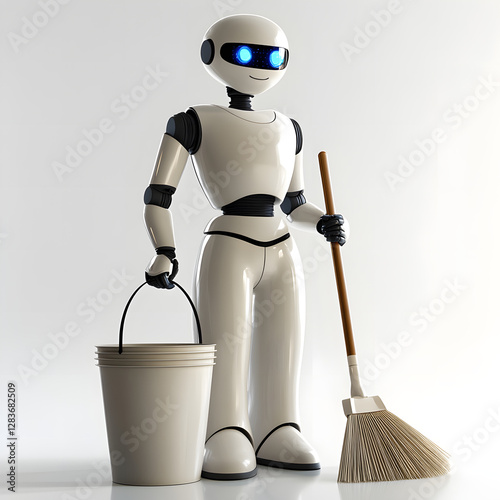 AI-Powered White Robot with Blue Eyes, Holding Cleaning Tools on a Light Background, 3D Digital Illustration for Cleaning Service Technology
