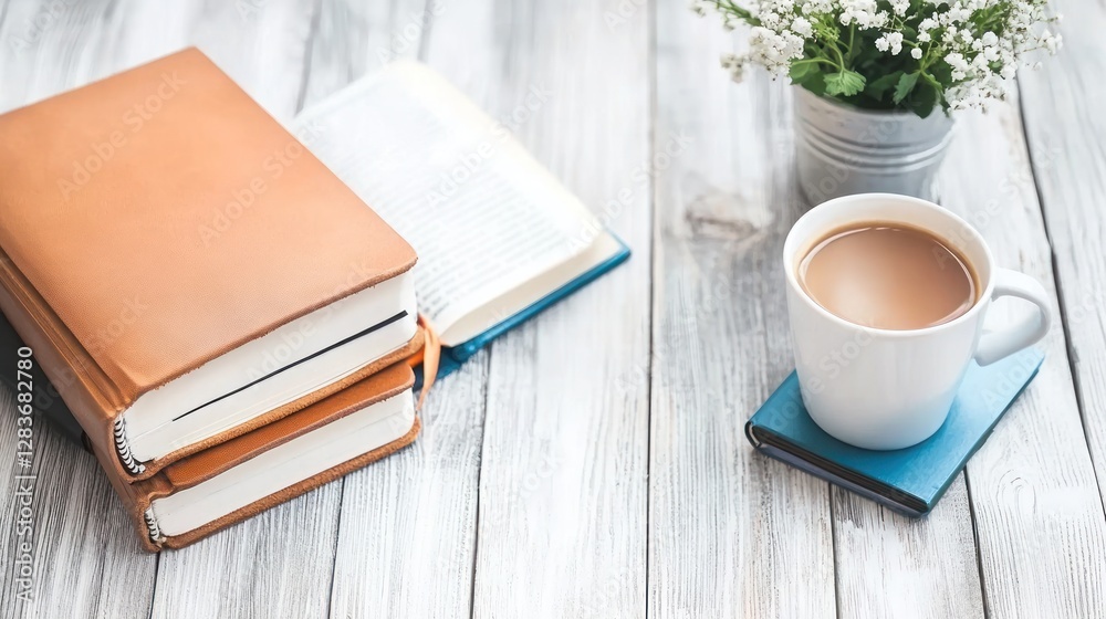 Fototapeta premium Cozy Morning: Books, Coffee, and Flowers