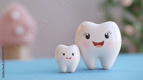 Realistic 3D Baby Tooth Character with Mom Tooth, Smiling over a Blue Isolated Background, Soft Pastel Colors, Clean Minimal Design with Ample Copy Space