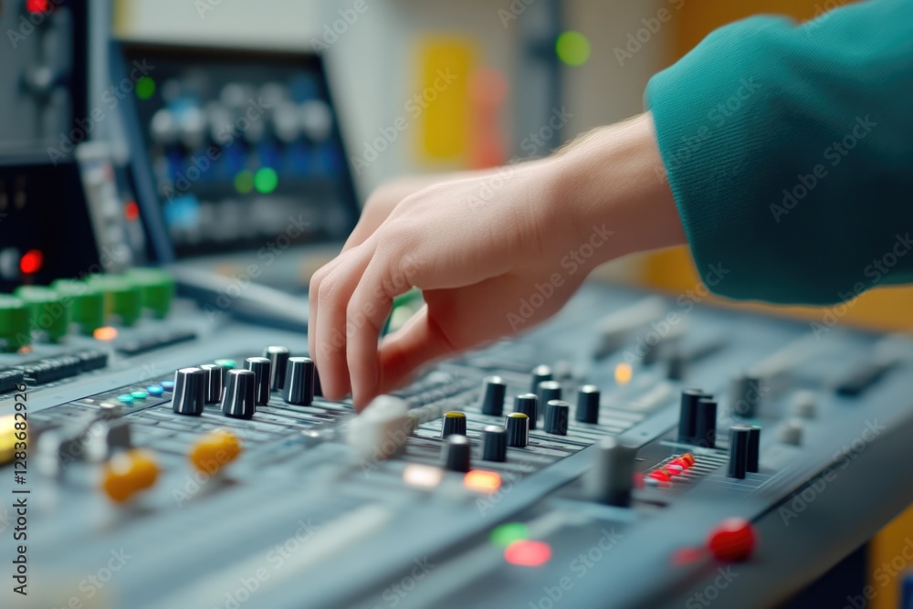 DJ Hand Fine-Tuning Equalizer on Audio Console DJ Hand Fine-Tuning Equalizer on Audio Console