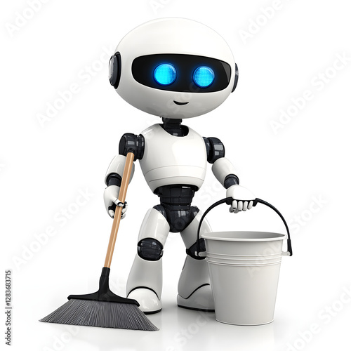 AI-Powered White Robot with Blue Eyes, Holding Cleaning Tools on a Light Background, 3D Digital Illustration for Cleaning Service Technology