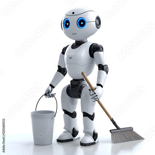 AI-Powered White Robot with Blue Eyes, Holding Cleaning Tools on a Light Background, 3D Digital Illustration for Cleaning Service Technology