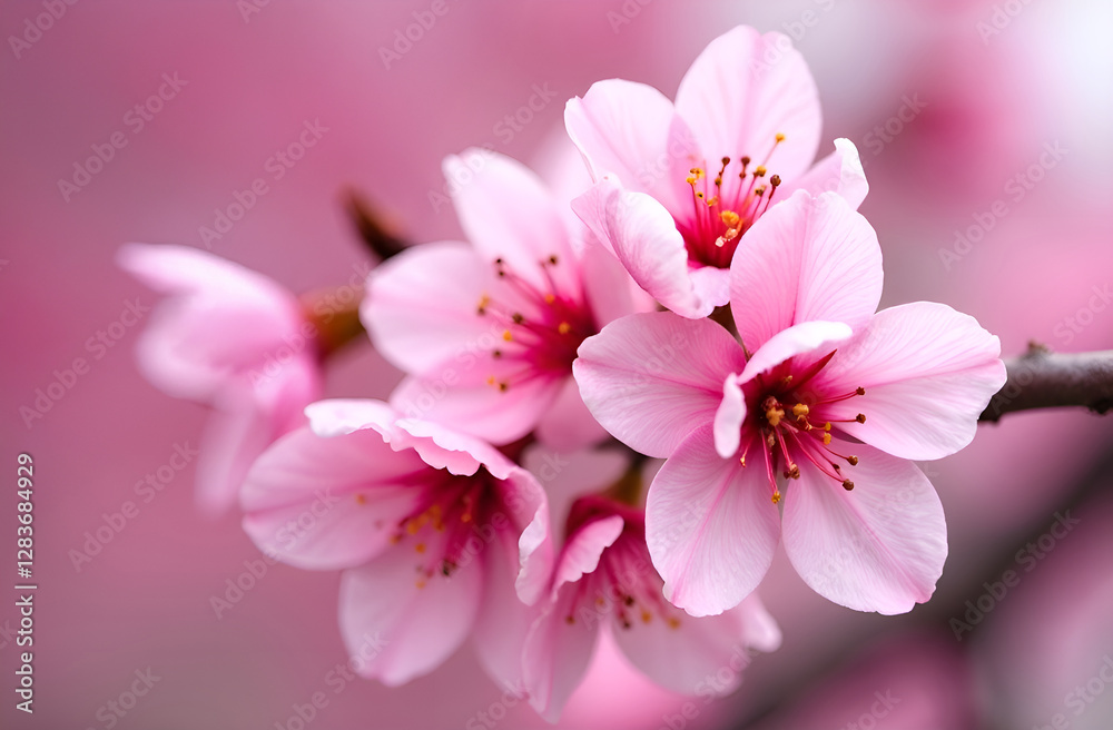 Delicate pink cherry, sakura blossom flowers in full bloom. Spring, nature, botanical themes. Concept of beauty, renewal, seasonal change, Japanese culture. Selective focus, blurred background.