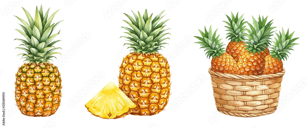 Fresh pineapple fruit illustrations with whole and sliced tropical fruits, watercolour style clipart collection Fresh pineapple fruit illustrations with whole and sliced tropical fruits, watercolour style clipart collection