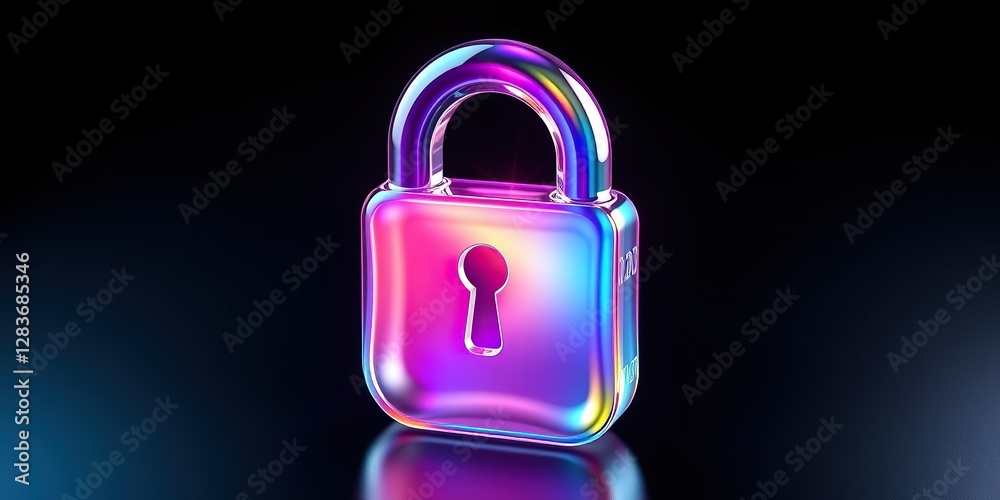 An image representing internet security. A three-dimensional, transparent padlock icon with an iridescent, glossy finish in rainbow colors. A dark, black background. An image representing internet security. A three-dimensional, transparent padlock icon with an iridescent, glossy finish in rainbow colors. A dark, black background.