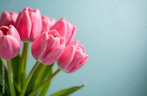 Beautiful bouquet of tulip flowers on light background, close up. Greeting for International Women's Day on March 8th. Selective focus, blurred background.