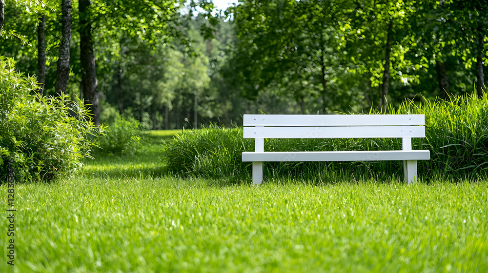 White bench in lush green park, summer day White bench in lush green park, summer day