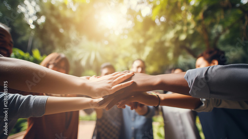Close-up of several hands placed on top of one another in stack. Big family putting stacked hands together promising work in team. All family members showing their support, bride and groom hands