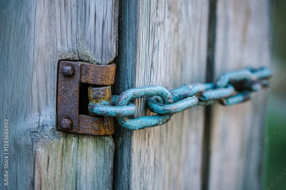 Rusty chain lock securing an old wooden door in a rustic setting during daylight hours. Generative AI Rusty chain lock securing an old wooden door in a rustic setting during daylight hours. Generative AI