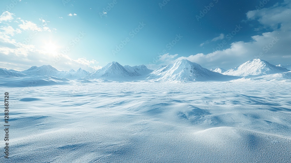 Snowy landscape with mountains under a clear blue sky. Snowy landscape with mountains under a clear blue sky.