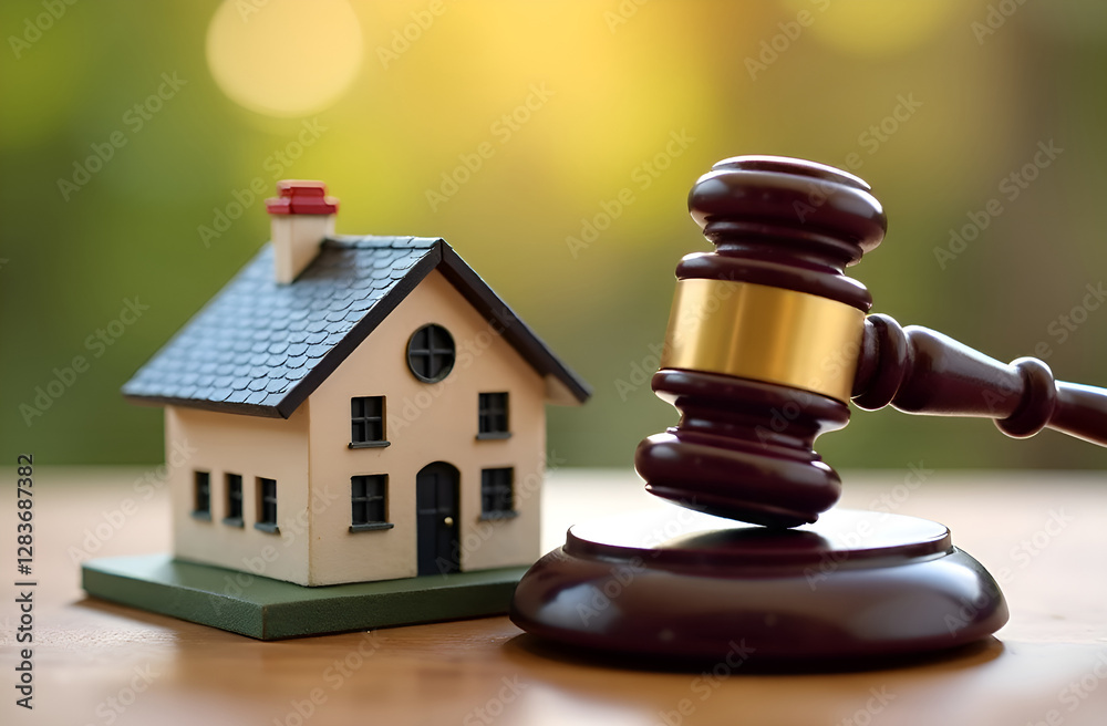Miniature house sits beside a gavel, symbolizing real estate law and property disputes. Selective focus, blurred background. Miniature house sits beside a gavel, symbolizing real estate law and property disputes. Selective focus, blurred background.