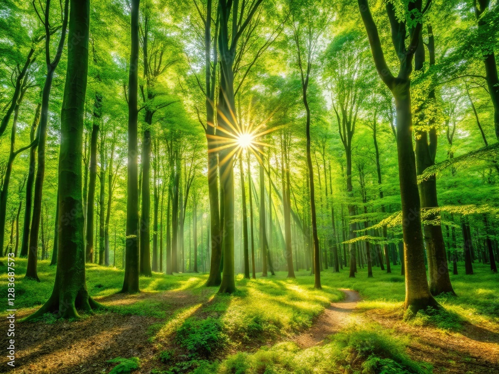 Fototapeta premium A sun-dappled panorama reveals a vibrant deciduous forest, a picturesque nature photograph.