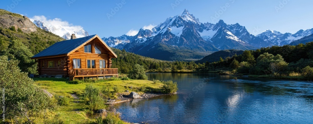 Fototapeta premium Scenic cabin by a lake with mountains in the background.