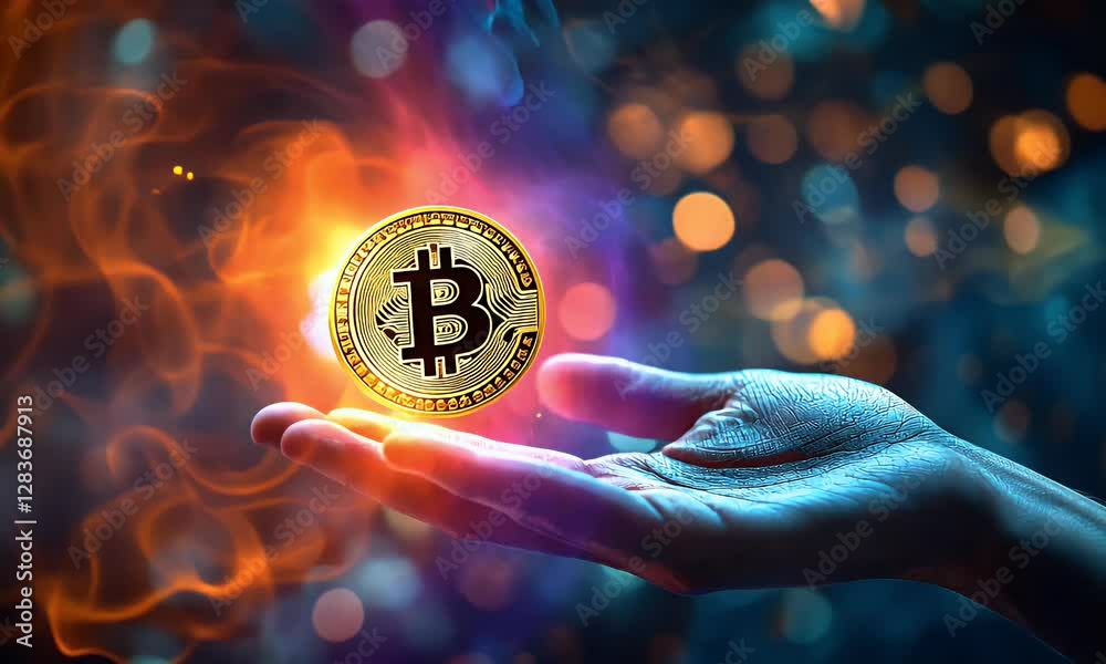 Bitcoin Hovering in Hand Amidst Fire