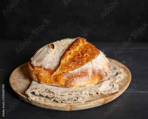 A homebaked artisan sourdough bread with scoring leaves on a round cutting board with a tea towel.