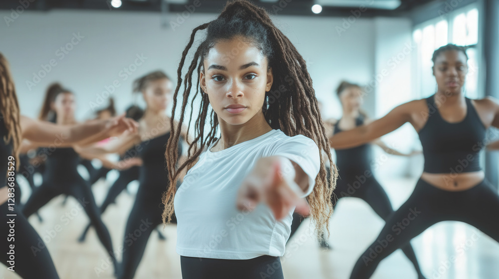 Obraz premium Young woman learning street dance in dance studio