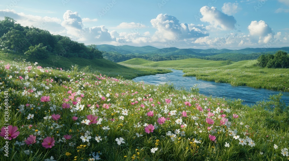 A Tranquil River Flowing Through a Lush Green Valley of Abundant Life and Vibrant Nature A Tranquil River Flowing Through a Lush Green Valley of Abundant Life and Vibrant Nature