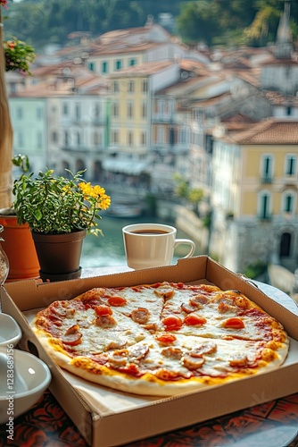 View of a delicious pizza with a scenic background of colorful buildings and a canal during daylight in a charming location